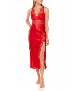 Chic and sensual, satin and lace long nightdress with thin, adjustable straps