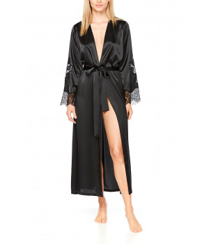 Ankle-length, long satin dressing gown with lace on the sleeves