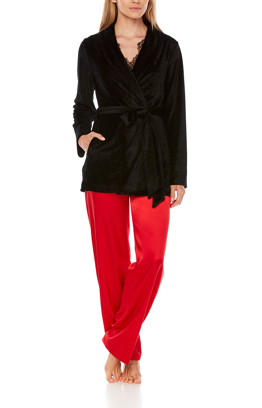 Camille Womens Long Sleeve Plain Satin Pyjama Set Black