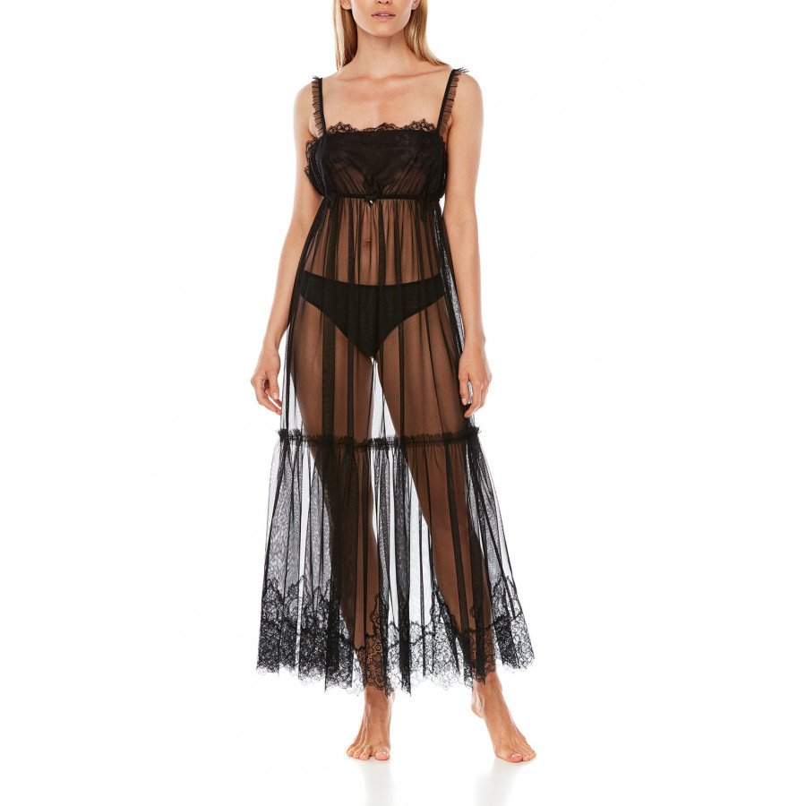 Long nightdress in tulle and steamy black lace Tanga knickers included - Coemi-Lingerie