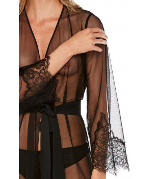 Steamy and sexy, long-sleeve, long dressing gown in tulle and black lace - Coemi-Lingerie