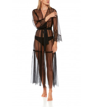 Steamy and sexy, long-sleeve, long dressing gown in tulle and black lace