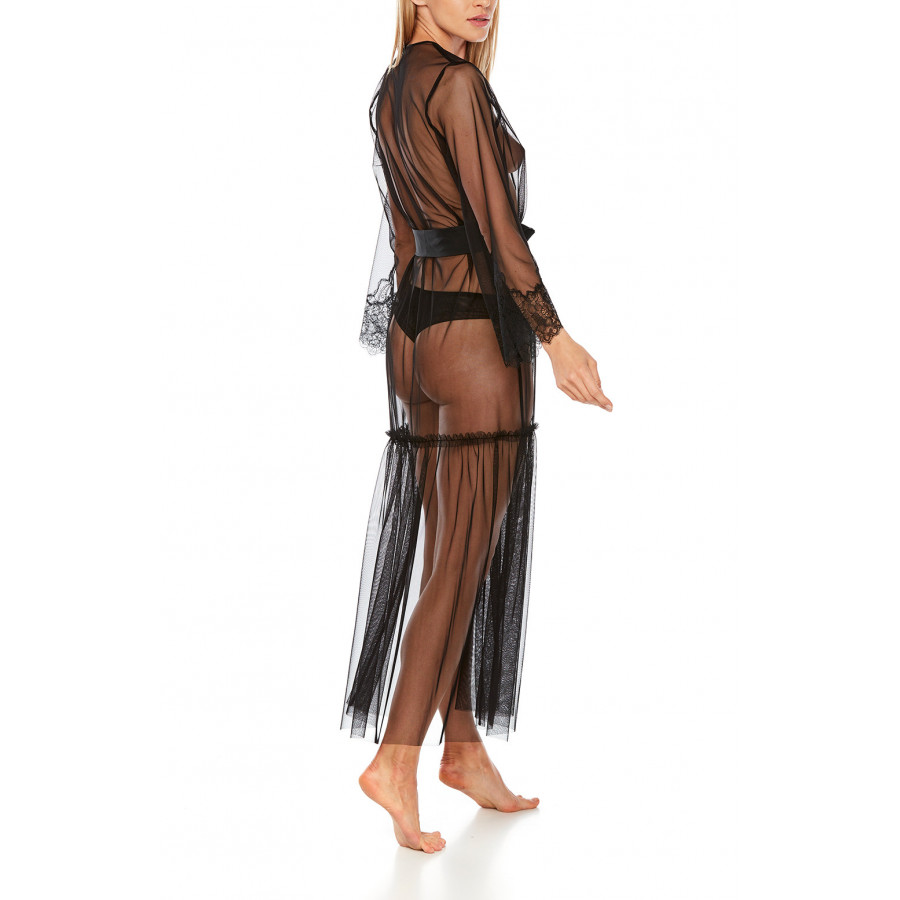 Steamy and sexy, long-sleeve, long dressing gown in tulle and black lace - Coemi-Lingerie