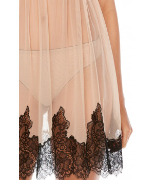 Negligee in skin-coloured tulle and black lace. Tanga knickers included- Coemi-Lingerie