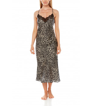 Longue chemise de nuit en satin imprimé léopard dentelle et fines bretelles - Coemi-Lingerie