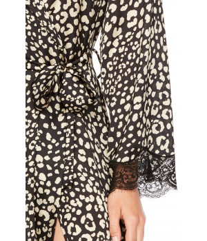 Langer Kimono aus Satin im Leoparden-Print mit schwarzer Spitze - Coemi-Lingerie