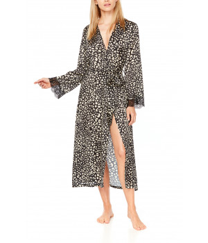 Long, satin dressing gown in leopard print and black lace
