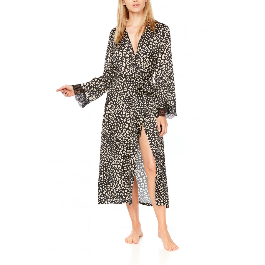 Long, satin dressing gown in leopard print and black lace - Coemi-Lingerie