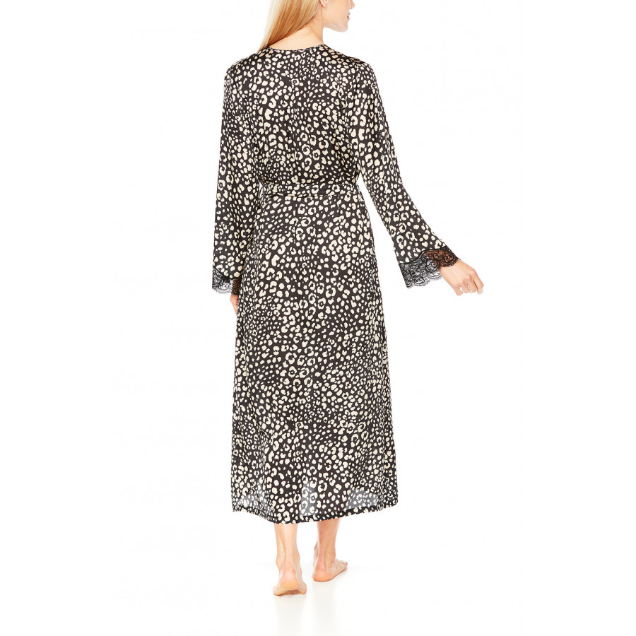 Long, satin dressing gown in leopard print and black lace - Coemi-Lingerie