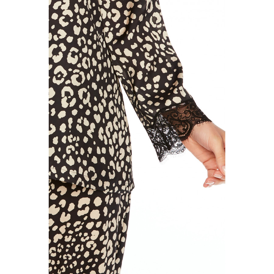Ensemble pyjama en satin imprimé léopard et dentelle noire - Coemi-Lingerie