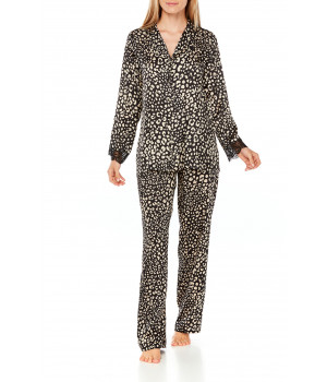 Pyjama aus Satin im Leoparden-Print mit schwarzer Spitze