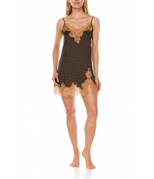 Satin negligee in polka dot print and contrasting lace with thin straps