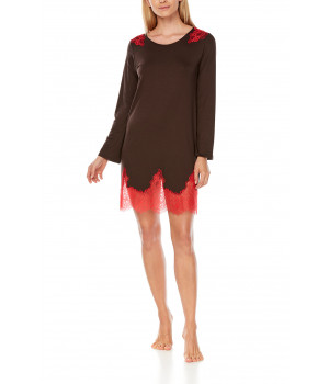 Short nightdress with two-tone micromodal and lace long sleeves