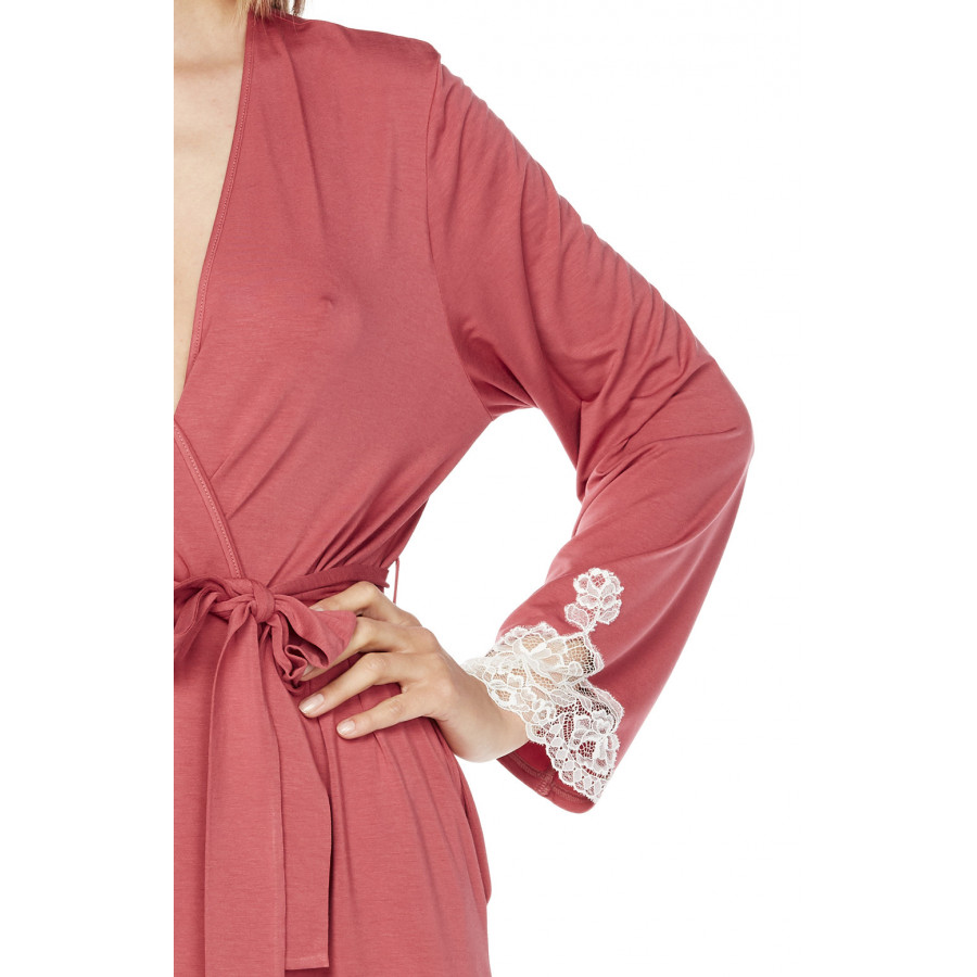 Mid-length micromodal and lace long-sleeve dressing gown - Coemi-Lingerie