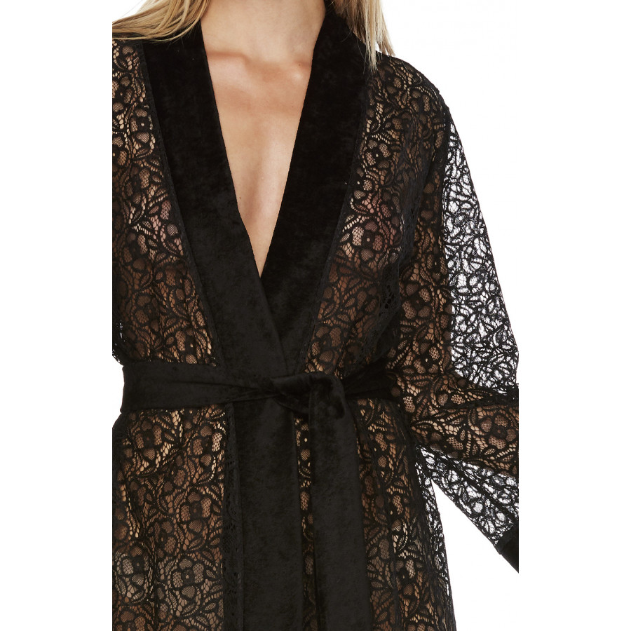 Halblanger sexy schwarzer Kimono ganz aus Spitze - Coemi-Lingerie