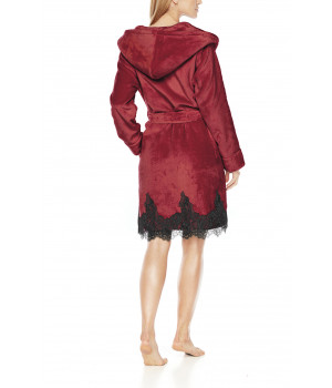 Short, fleece dressing gown with wide hood, shawl collar and lace at the hem - Coemi-Lingrie