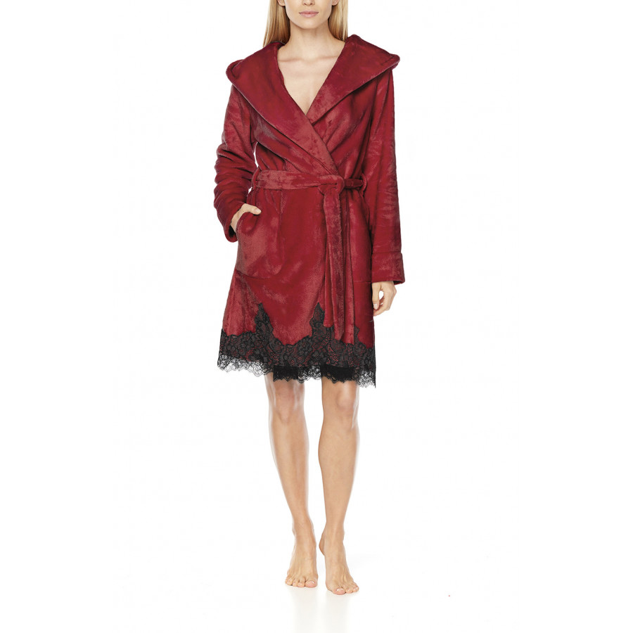 Short, fleece dressing gown with wide hood, shawl collar and lace at the hem - Coemi-Lingrie