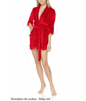 Very sexy fleece and lace short dressing gown with three-quarter-length sleeves and shawl collar