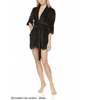 Very sexy fleece and lace short dressing gown with three-quarter-length sleeves and shawl collar - Coemi-Lingerie