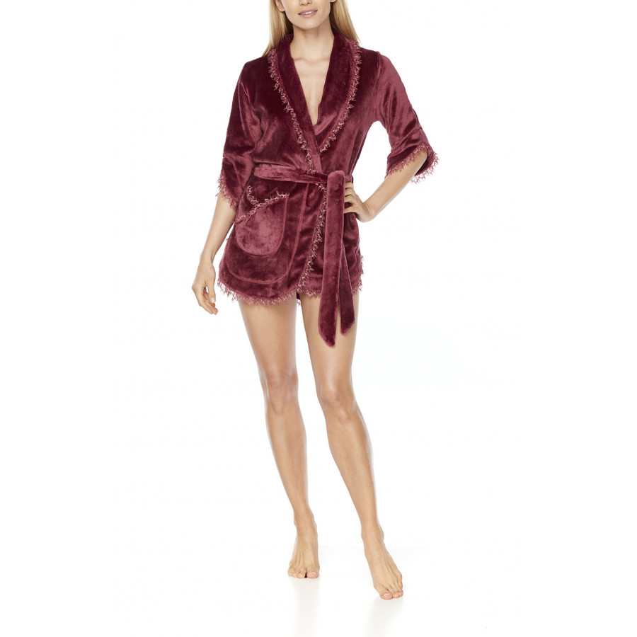Very sexy fleece and lace short dressing gown with three-quarter-length sleeves and shawl collar - Coemi-Lingerie