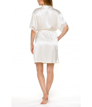 Short-sleeve, knee-length dressing gown in white satin and lace - Coemi-lingerie