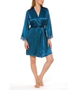Satin and lace short dressing gown with long sleeves