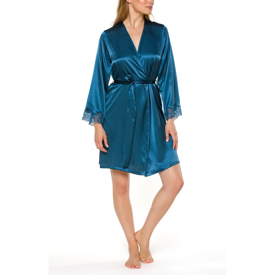 Satin and lace short dressing gown with long sleeves - Coemi-lingerie