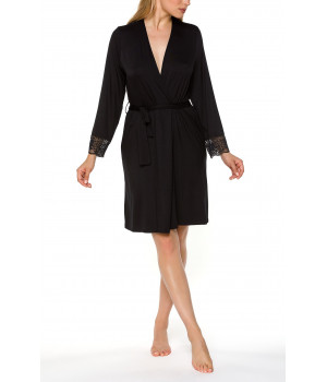 Mid-length black dressing gown with long sleeves and lace
