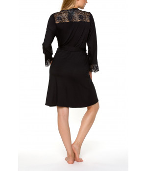 Mid-length black dressing gown with long sleeves and lace - Coemi-lingerie