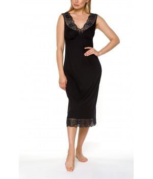 Mid-length, sleeveless, black nightdress with lace V-neck