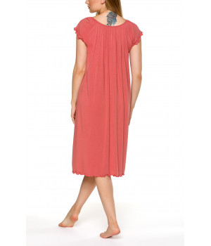 Loose-fitting, mid-length, coral pink nightdress with short sleeves and lace - Coemi-lingerie