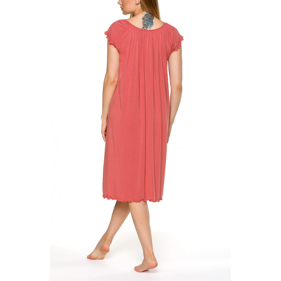 Loose-fitting, mid-length, coral pink nightdress with short sleeves and lace - Coemi-lingerie