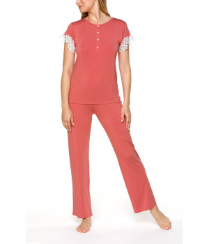 Coral pink short-sleeve pyjamas with lace