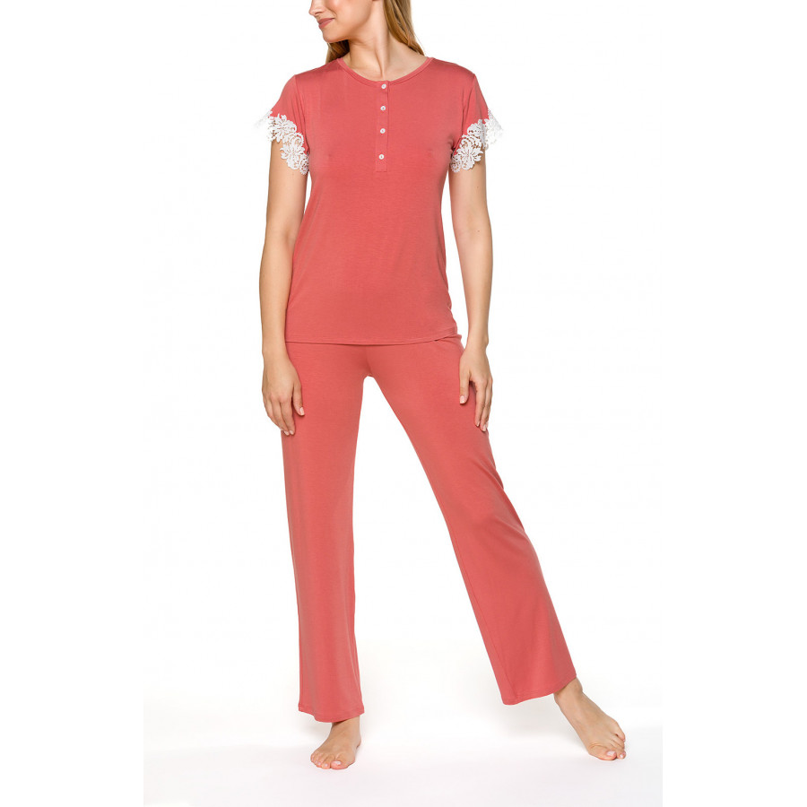 Ensemble pyjama rose corail ou blanc à manches courtes et dentelle - Coemi-lingerie