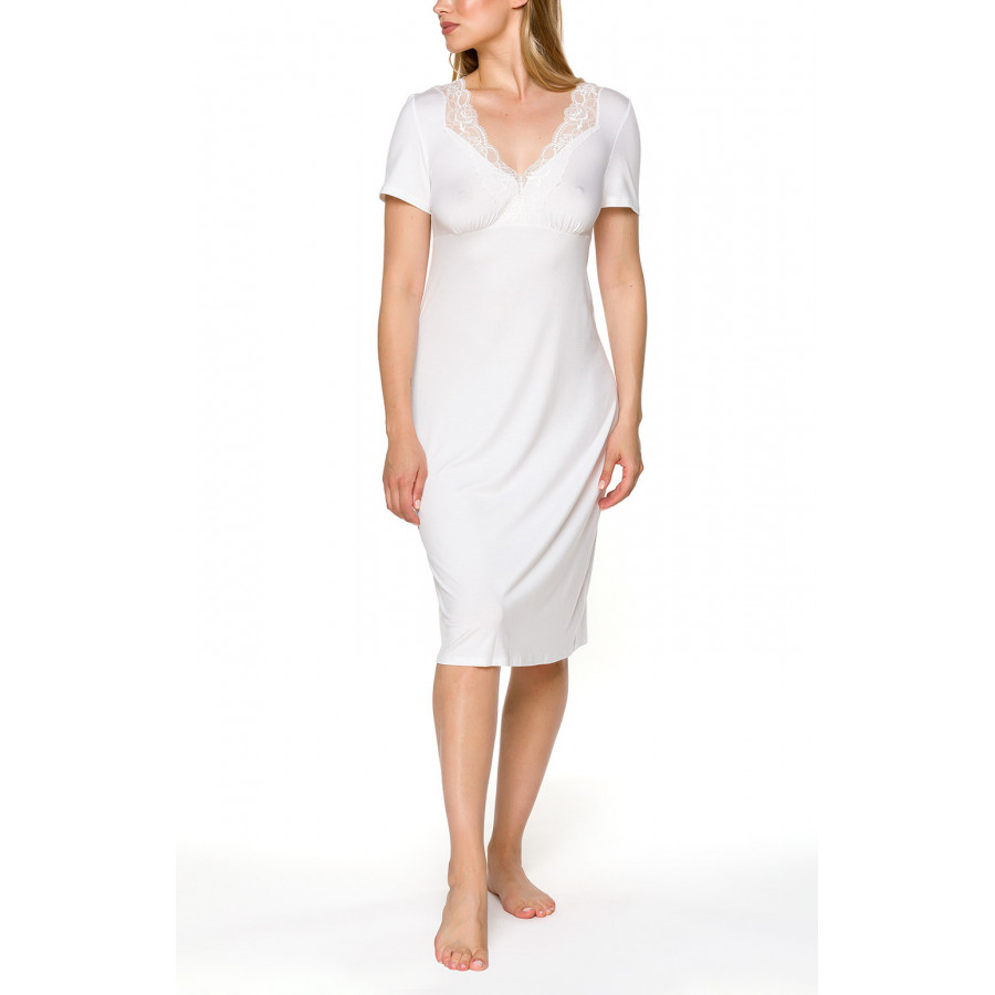 Mid-length nightdress/lounge robe with lace and loose-fitting short sleeves - Coemi-lingerie