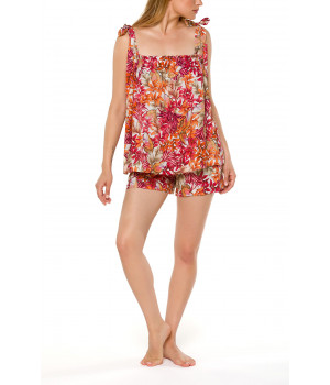 Top and shorts nightwear set with a floral motif and red lace