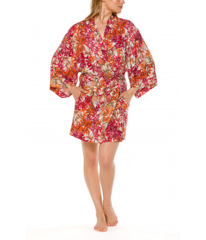 Kimono-style short dressing gown with loose-fitting long sleeves and a floral motif