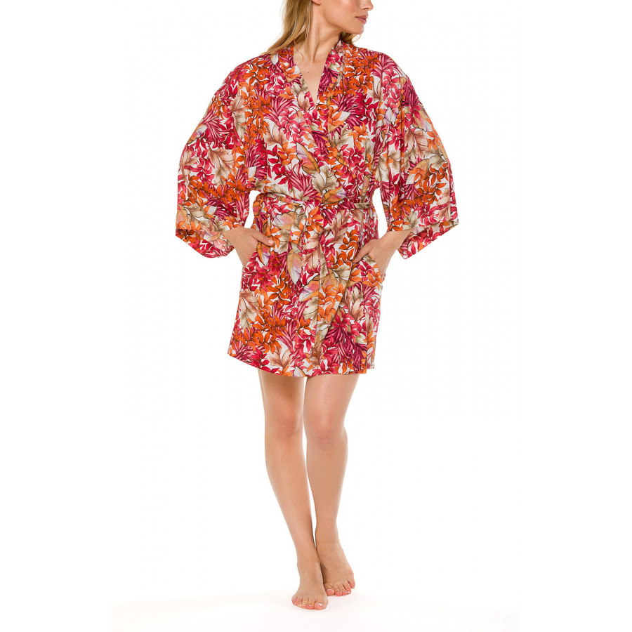 Kimono-style short dressing gown with loose-fitting long sleeves and a floral motif - Coemi-lingerie
