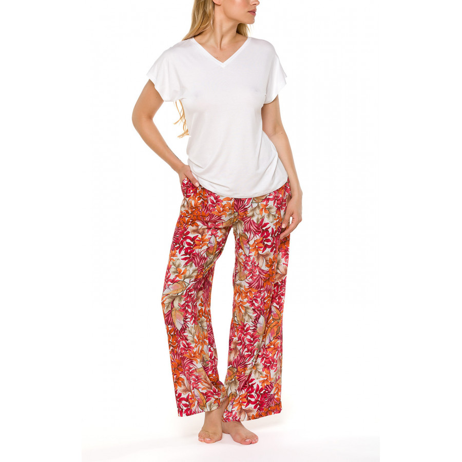 Loose-fitting pyjama bottoms/loungewear joggers with a floral motif in a shade of red - Coemi-lingerie