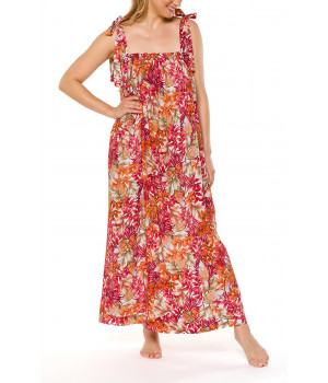 Long nightdress/lounge robe, tied at the shoulders, with a floral motif - Coemi-lingerie