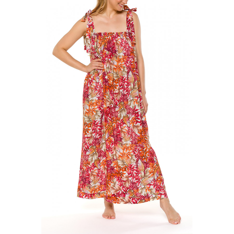 Langes Nachthemd / Hauskleid im Blumenmuster und mit geknoteten Trägern - Coemi-lingerie