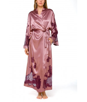 Langer Kimono aus Satin und Spitze zum Einwickeln mit langen, weiten Ärmeln