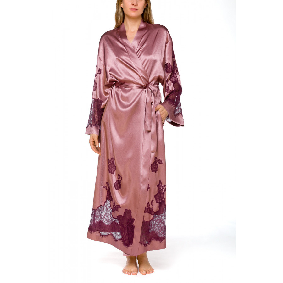 Long, wrap-around, satin and lace dressing gown with long, flared sleeves - Coemi-lingerie