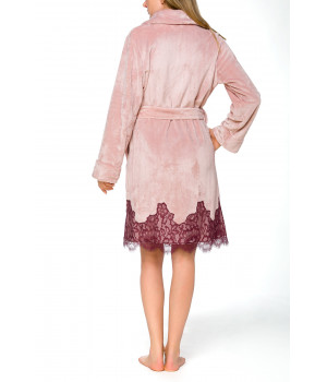 Pretty little velvety bathrobe with shawl collar, enhanced with lace - Coemi-lingerie