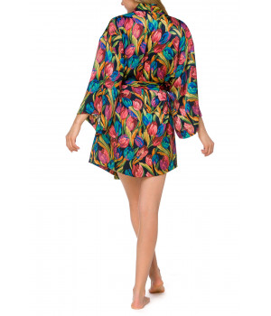 Kimono-style, short satin dressing gown in a multi-coloured tulip print - Coemi-lingerie