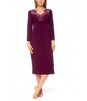Night shirt/lounge robe with long sleeves and lace adorning the neckline and back