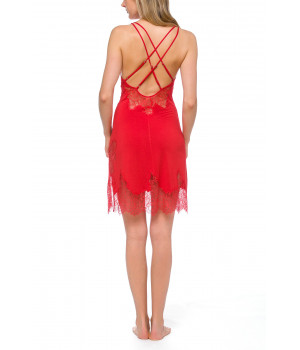 Sexy negligee with criss-cross straps at the back in blazing red fabric with lace - Coemi-lingerie