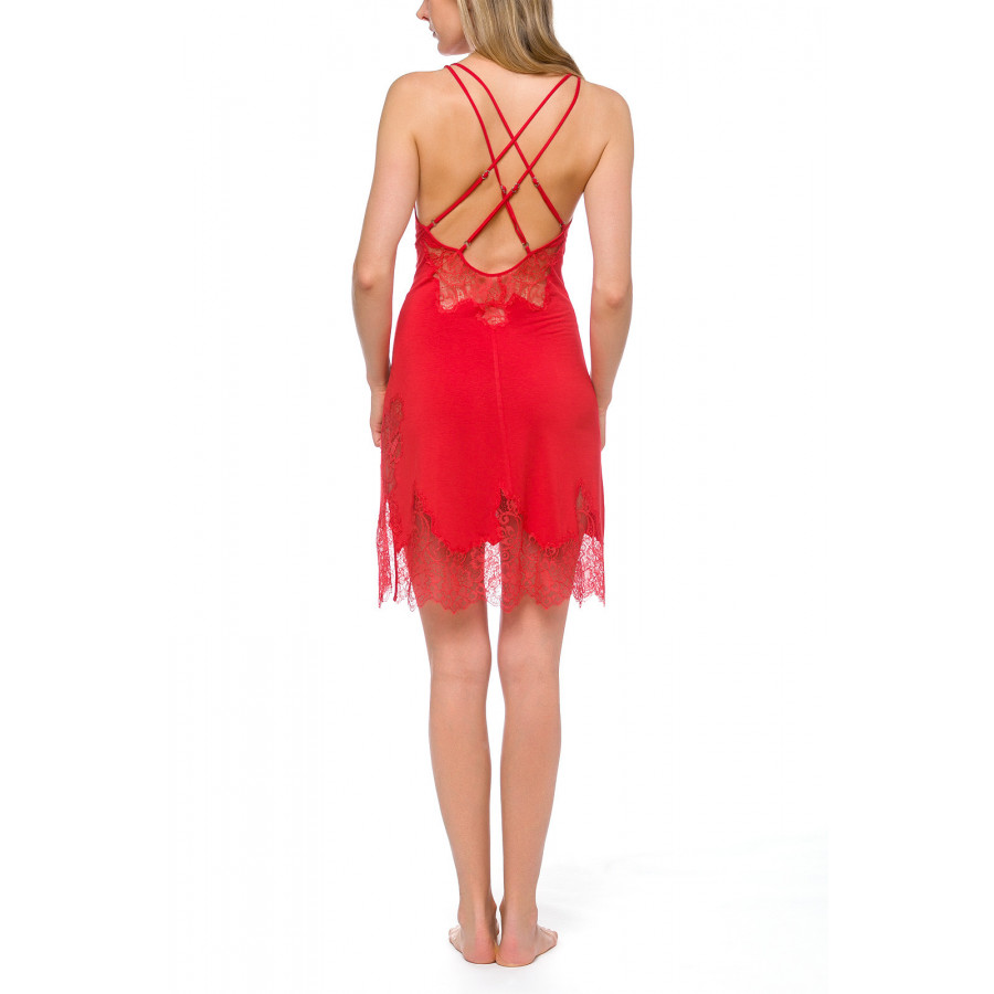 Sinnliches Negligé in leuchtendem Rot mit gekreuzten Spaghettiträgern am Rücken und Spitze - Coemi-lingerie