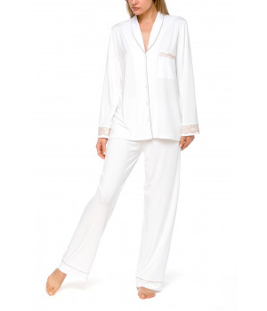 Zweiteiliger weißer Pyjama aus Micromodal mit Spitze und beiger Paspel
