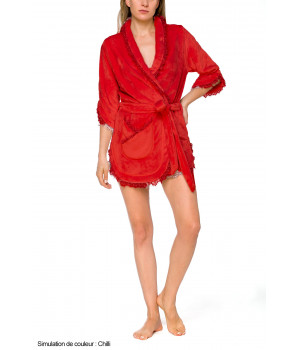 Short fleece bathrobe with three-quarter length sleeves with gathers and frills
